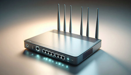 Wireless router on a gray background. 3d rendering. Computer digital drawing.