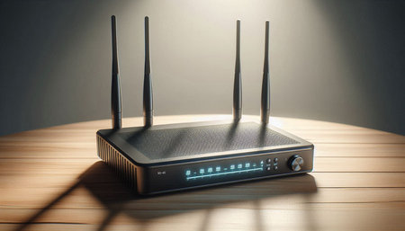 Wireless router on a wooden table. 3D rendering. Computer digital drawing.