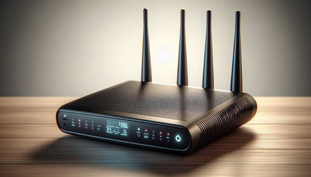 Wireless router on the wooden table. 3d render illustration.