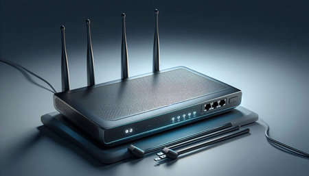 Wi fi router with antennas on a gray background. 3d rendering