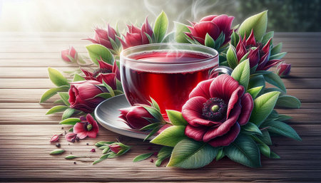 Cup of tea with red anemones on a wooden tableの写真素材