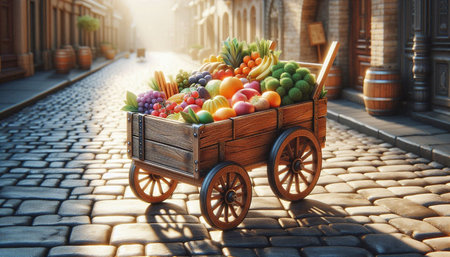 Wooden cart full of fresh fruits and vegetables on the cobblestone streetの写真素材