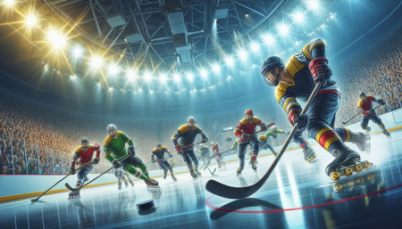 Ice hockey players in action at the stadium. 3D rendering.