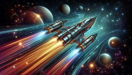 Spaceship in space with solar system and stars. 3D rendering