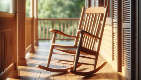 Wooden rocking chair on the balcony. 3d render illustration.の写真素材