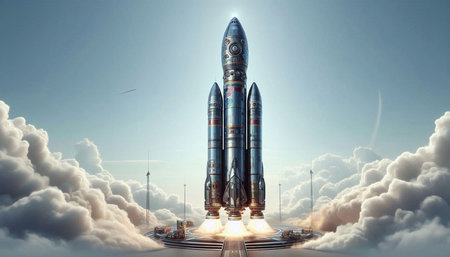 Space rocket flying in the sky. 3d render. Illustration.