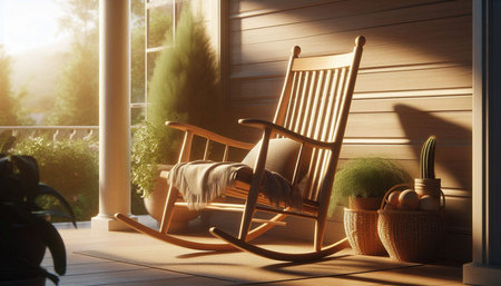 Wooden rocking chair on terrace in morning light, 3d renderの写真素材