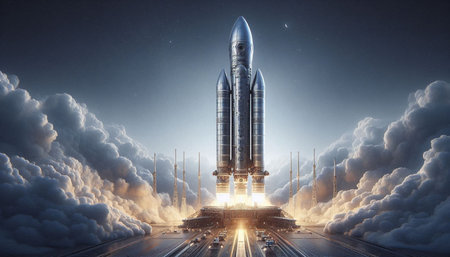 Spaceship taking off into space. Mixed media. Mixed mediaの写真素材