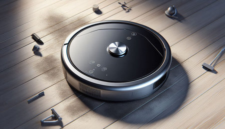 Robot vacuum cleaner on wood floor. 3d illustration. Robot vacuum cleaner.