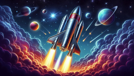 Rocket in space with planets and stars. 3D illustration. Elements of this image furnished by NASA