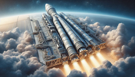 Space shuttle in outer space. Mixed media. Mixed media. Mixed media