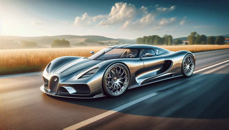 3D rendering of a brand-less generic concept car in the countryside