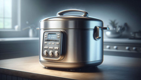 Modern electric multi cooker on the table in the kitchen. 3d rendering