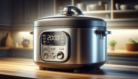 Modern electric multi cooker on wooden table in kitchen. 3D renderingの写真素材