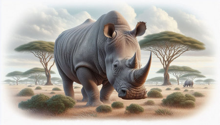 White rhinoceros in savannah - 3D render illustrationの写真素材
