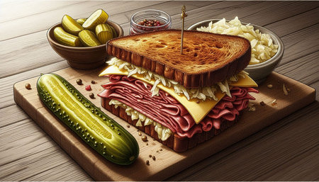 Sandwich with salami, cheese and pickles on wooden tableの写真素材