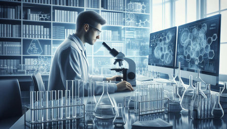 Scientist in laboratory working with microscope and test tubes. Mixed media