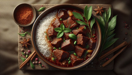 Beef stewed with rice and herbs in bowl on wooden background
