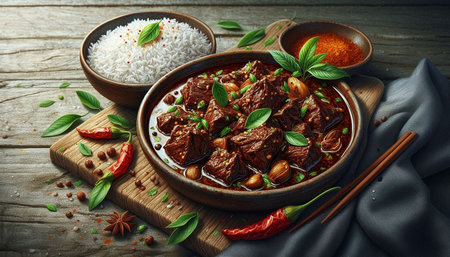 Beef Bourguignon with rice and herbs on wooden background