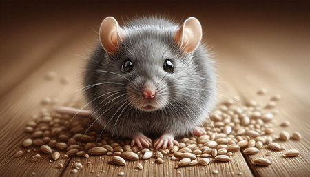 Gray rat with grains on a wooden background. Close-up.