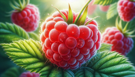 Raspberries with green leaves on a blurred background. 3d illustration