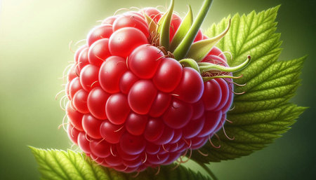 Ripe raspberry with green leaves on a green background. 3d illustration