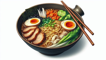 japanese ramen noodle soup with pork, egg and vegetablesの写真素材