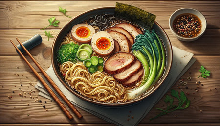 Ramen noodle soup with pork and vegetables in bowl on wooden table
