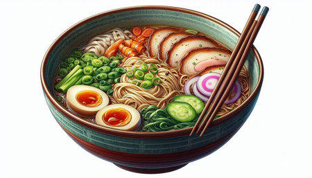 Bowl of japanese noodle soup with vegetables and chicken