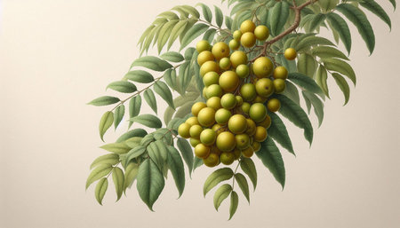 Green star gooseberry on branch with leaves, vintage style, retro
