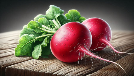 Red radish with green leaves on a wooden table, close-upの写真素材