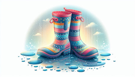 Pair of rubber boots on the background of raindrops. Vector illustration.