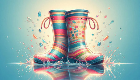 Rain boots with water drops on colorful background. 3D illustration.