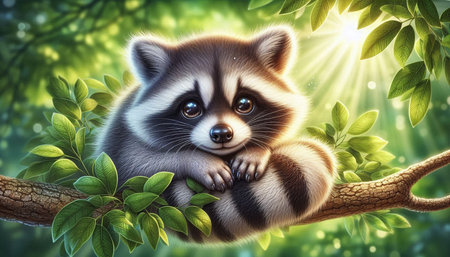 Portrait of cute raccoon on tree branch with green leaves.の写真素材