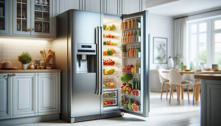 Refrigerator with food in modern kitchen interior. 3d rendering