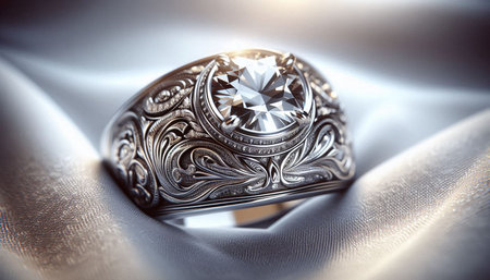 Jewelry ring on silver satin background, close-up