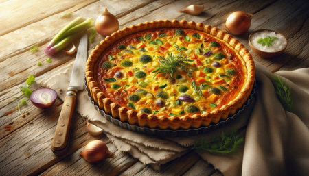 Tart with vegetables and herbs on a wooden background. tinting. selective focusの写真素材