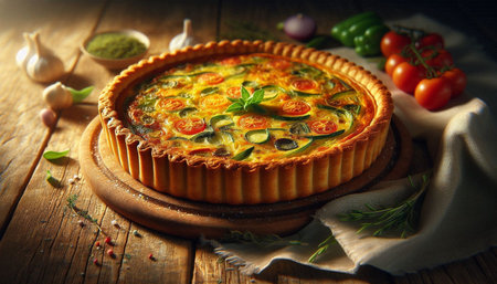 Tart with zucchini, tomatoes and herbs on a wooden background