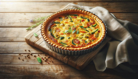 Tasty omelette with vegetables in baking dish on wooden tableの写真素材