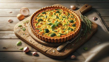Tart with broccoli, carrots, peas and onions on wooden table