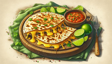 Traditional mexican tortilla with sauce and lime on wooden board