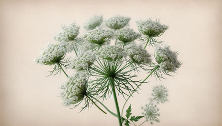 Daucus carota flowers on old paper background, close-up