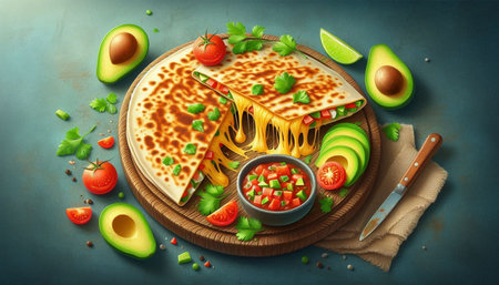Mexican quesadilla with guacamole sauce, avocado and tomato on blue backgroundの写真素材
