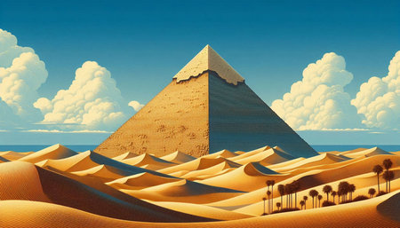 Egyptian pyramids in the desert. 3D illustration. Vintage style.