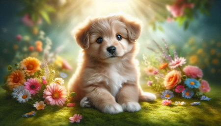 Cute puppy with flowers on green grass background. Photo in retro styleの写真素材