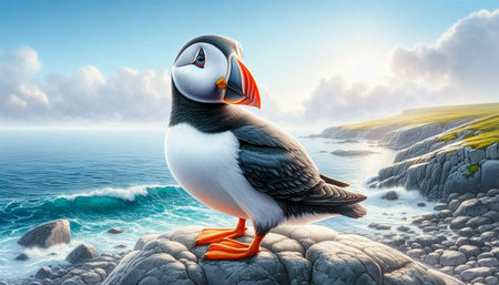 Puffin on the sea coast. 3d render illustration.の写真素材