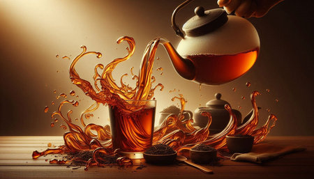Pouring tea from teapot into glass with splash on wooden table