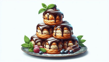 Pancakes with chocolate glaze and berries on a white background