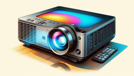 projector and remote control on a white background. 3d illustration