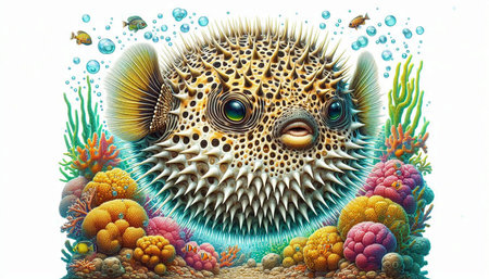 Puffer fish and corals on white background. 3d illustration